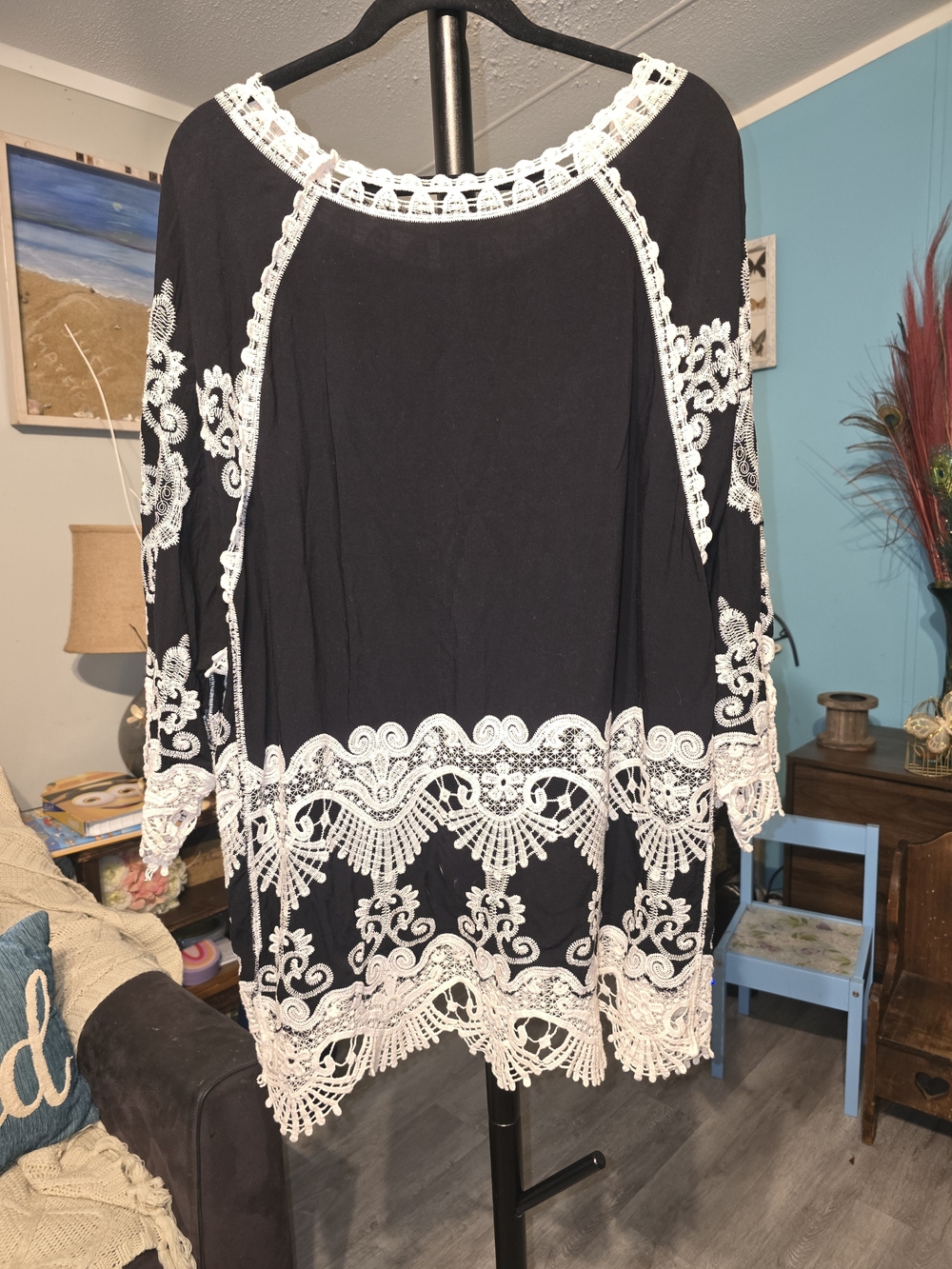 Black Tunic with Cream Lace Embroidery - Women - Picture 12 of 14